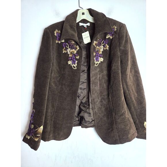 NWT Coldwater Creek Brown w/Purple Floral Embroidery Corduroy Jacket sz 12 - Picture 1 of 9